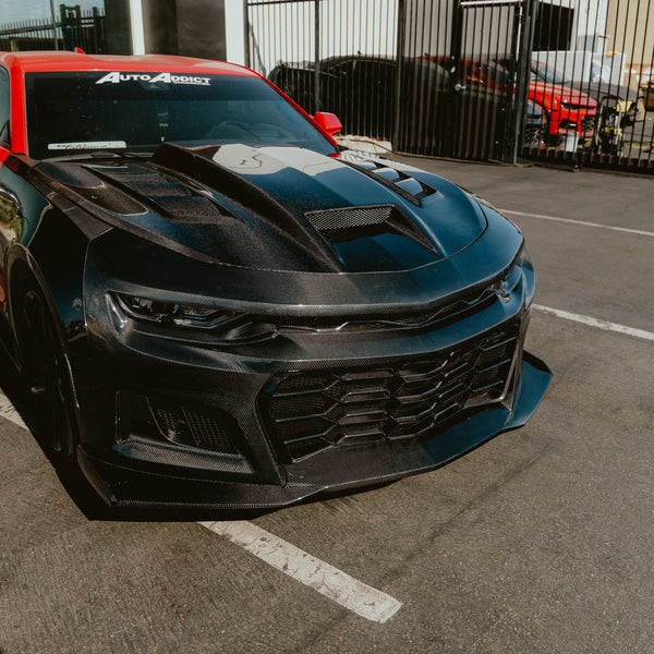 2019-2025 Chevy Camaro SS RS LT Black Panther ZL1 1LE 1PC Full Gloss Carbon Fiber Track Package Front Bumper Conversion for RS Headlights
