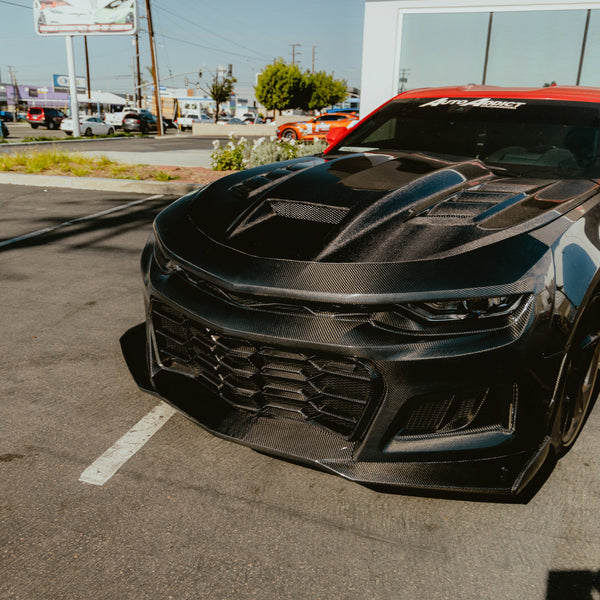 2019-2025 Chevy Camaro SS RS LT Black Panther ZL1 1LE 1PC Full Gloss Carbon Fiber Track Package Front Bumper Conversion for RS Headlights