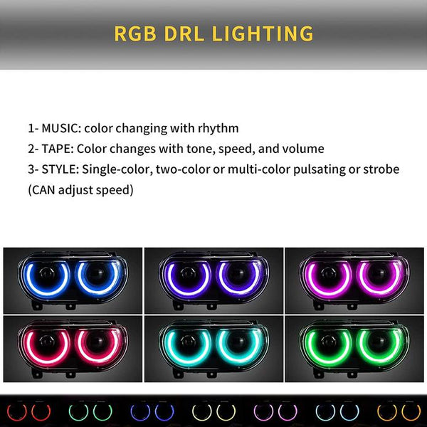 2008-2014 Dodge Challenger RGB Color Change OEM Replica Headlights Projector LED Lights