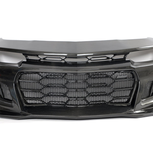2010-2015 Chevy Camaro Black Panther 1PC Full Gloss Carbon Fiber Track Package Front Bumper Conversion